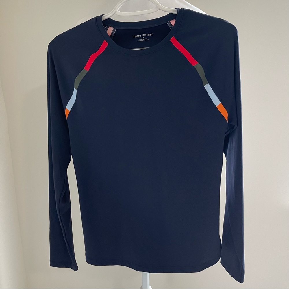 Tory Burch Sport Performance Navy Multicolor Long Sleeve Top Size Large - New